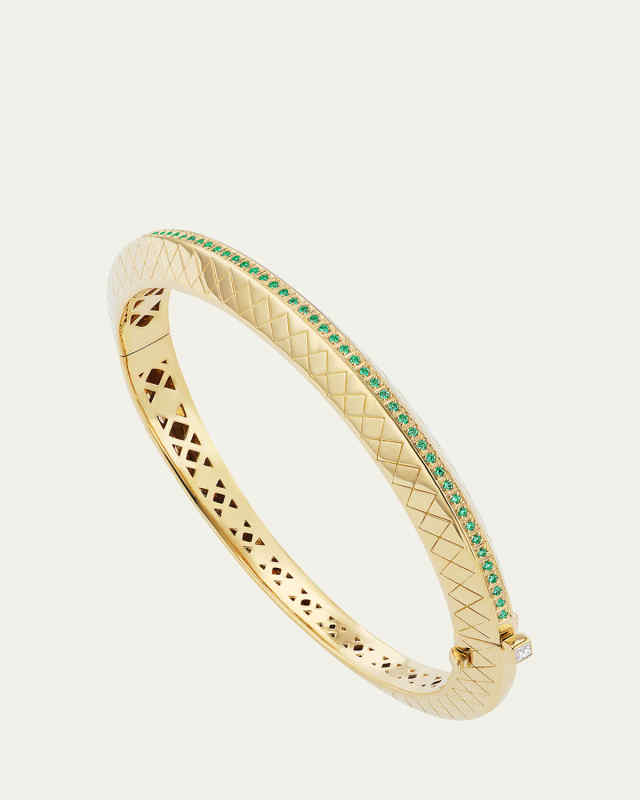 18K Yellow Gold Temple Tile Thing Bangle Bracelet with Emeralds